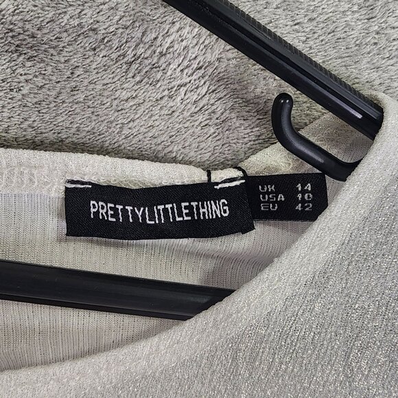 Women's White & Gold Pretty Little Thing Long Sleeve Ruched Bodycon Dress 10 - Picture 7 of 15